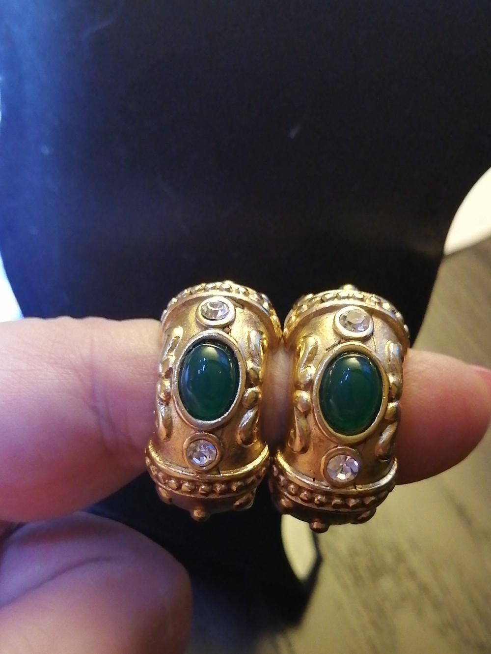 Byzantine Style Gold-Tone Clip On Earrings with Green Cabochon and Clear Accents
